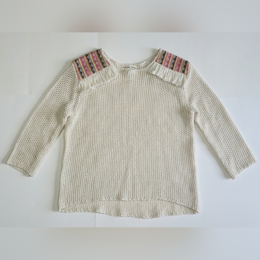 Women OpenKnit Sweater Top Ivory Size Medium Fringe Hippie Boho Indian Billabong